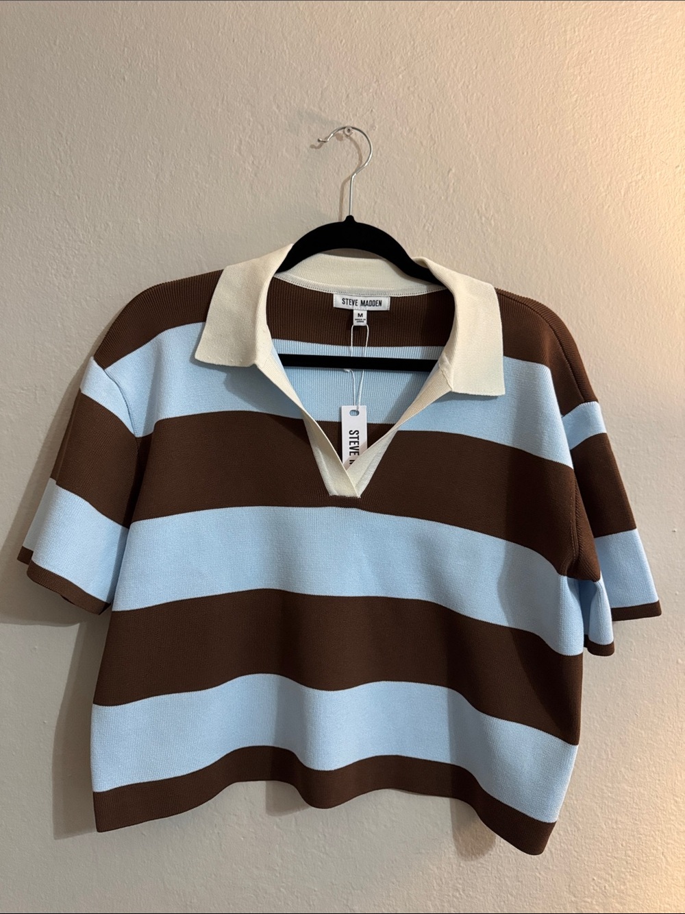Steve Madden Cream Collar Blue and Brown Striped Polo